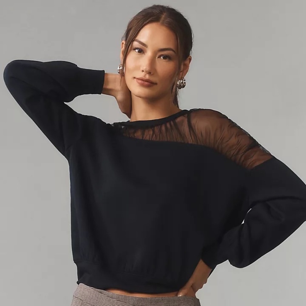 NWT Anthropologie Maeve Sheer-Shoulder Sweatshirt Asymmetrical Top Black Size SP